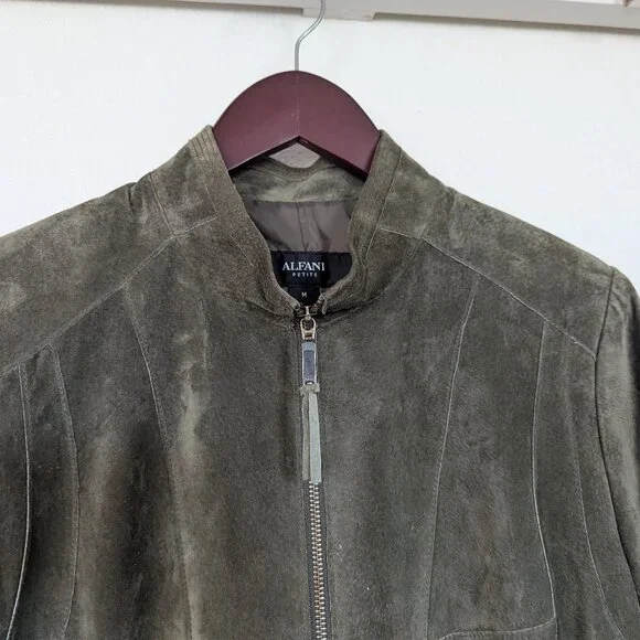 Alfani Leather Suede Short Boho Biker Standup Neck Jacket Dark Olive Green - Picture 5 of 14